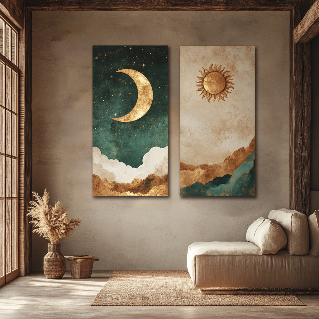 Golden Horizon Canvas Set – Sun & Moon Wall Art Pair