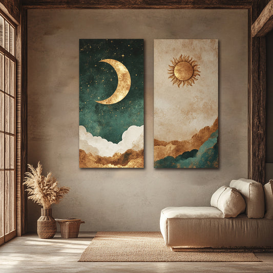 Golden Horizon Canvas Set – Sun & Moon Wall Art Pair