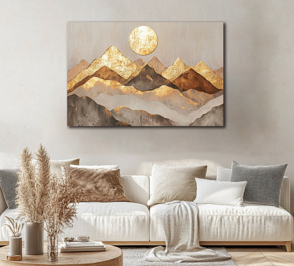 Golden Horizon Peaks – Metallic Mountain Canvas Wall Art