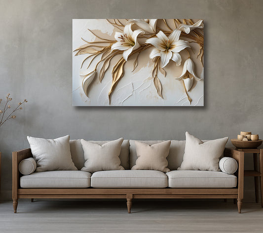 Golden Lily Canvas Wall Art – Elegant White Floral Print with Textured-Look for Living Room
