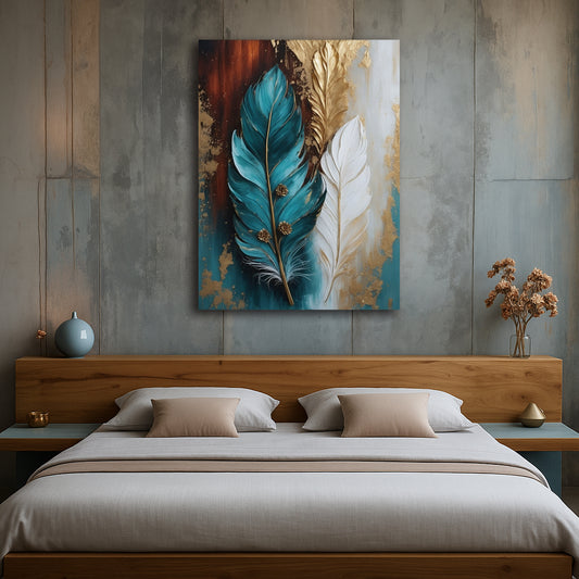 Golden Trio Feather Canvas Print – Boho Wall Art in Teal, White & Gold (Flat Canvas with Textured-Look)
