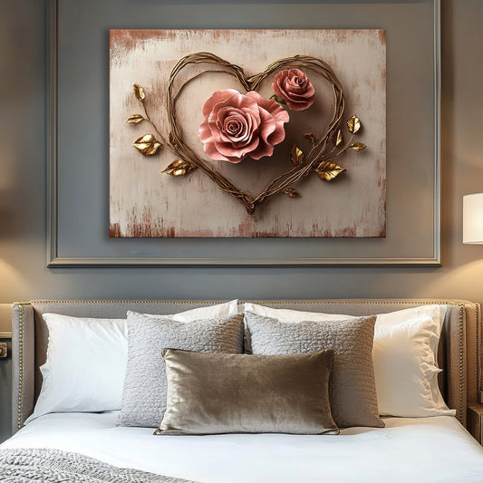 Floral Heart Canvas – Elegant Rose Wall Art for Bedroom and Living Room Décor