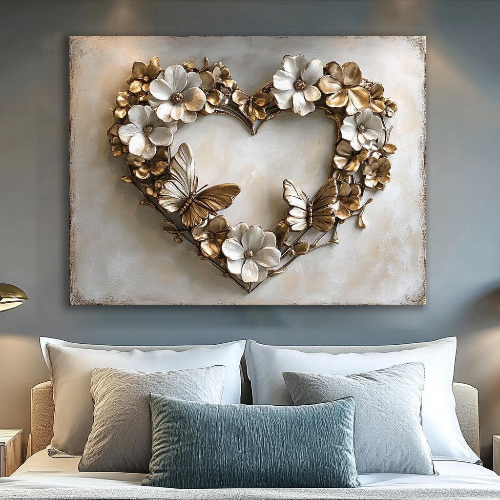Floral Heart Wall Art with Butterflies – Romantic Canvas for Home Décor