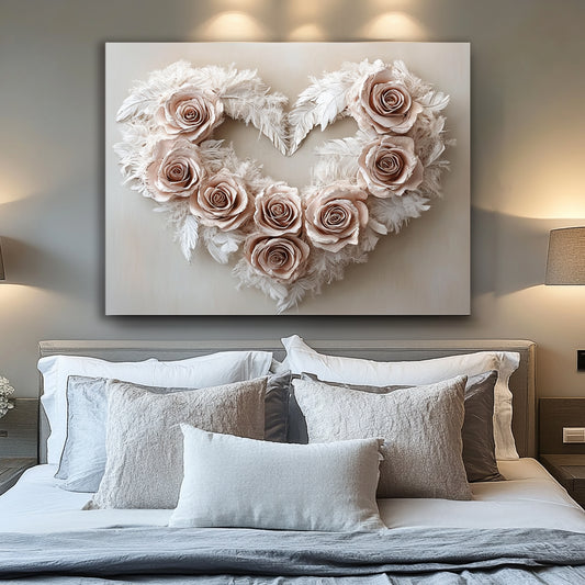 Feather Heart Bouquet Wall Art – Romantic Flower Canvas for Bedroom & Living Room