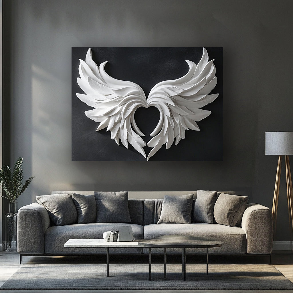 Heart of Angels – Modern White Wing Wall Art on Black Canvas