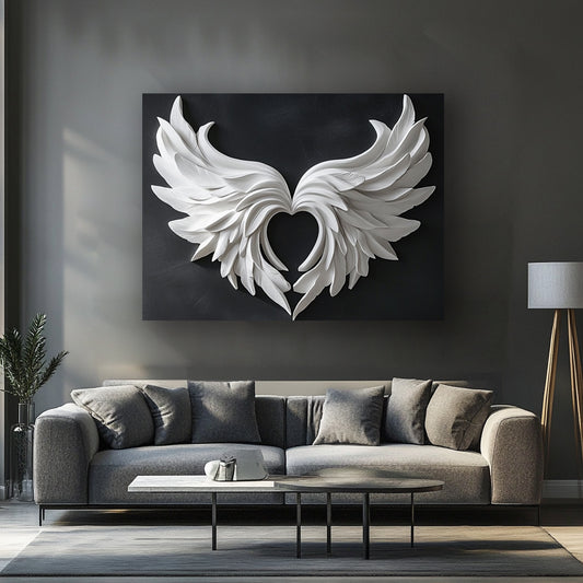 Heart of Angels – Modern White Wing Wall Art on Black Canvas