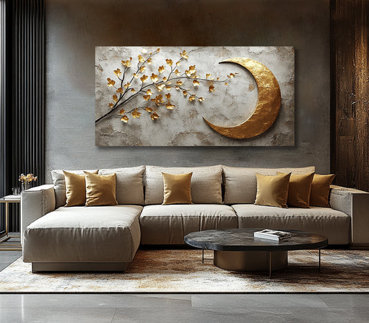 Lunar Serenity Wall Art – Golden Crescent and Blossoming Branch