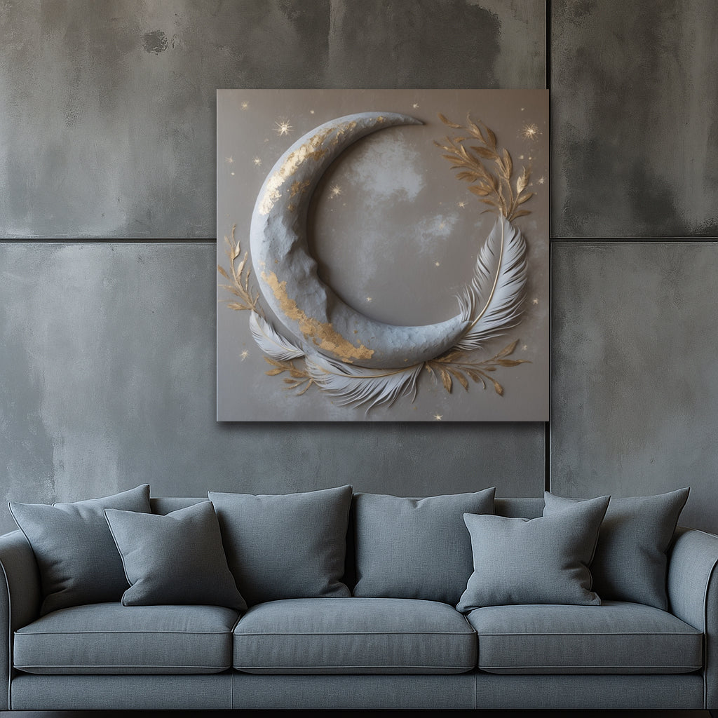 Lunar Serenity Crescent – Moon & Feather Canvas Print (Flat Artwork)