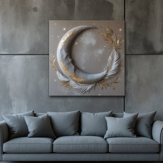 Lunar Serenity Crescent – Moon & Feather Canvas Print (Flat Artwork)