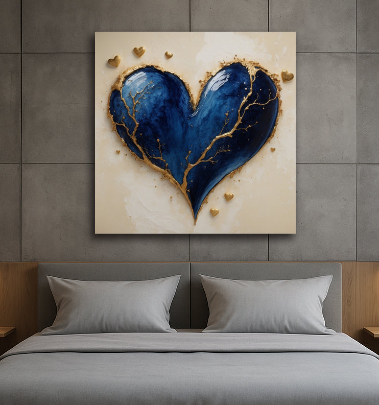Midnight Mend – Deep Blue Heart Canvas Print (Non-Textured Flat Art)
