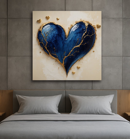 Midnight Mend – Deep Blue Heart Canvas Print (Non-Textured Flat Art)