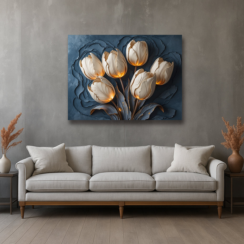 Midnight Tulips Canvas Print – Elegant Cream Floral Wall Art on Blue with Textured-Look (Flat Canvas)