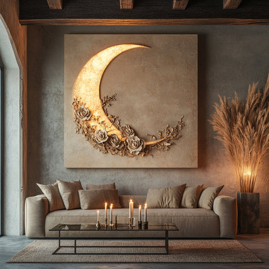 Moon and Roses Wall Art – Illuminated Crescent Canvas Décor