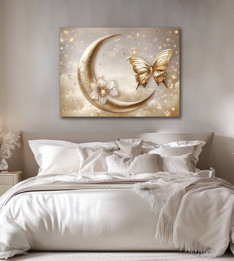 Moonlit Harmony – Golden Moon & Butterfly Canvas Wall Art