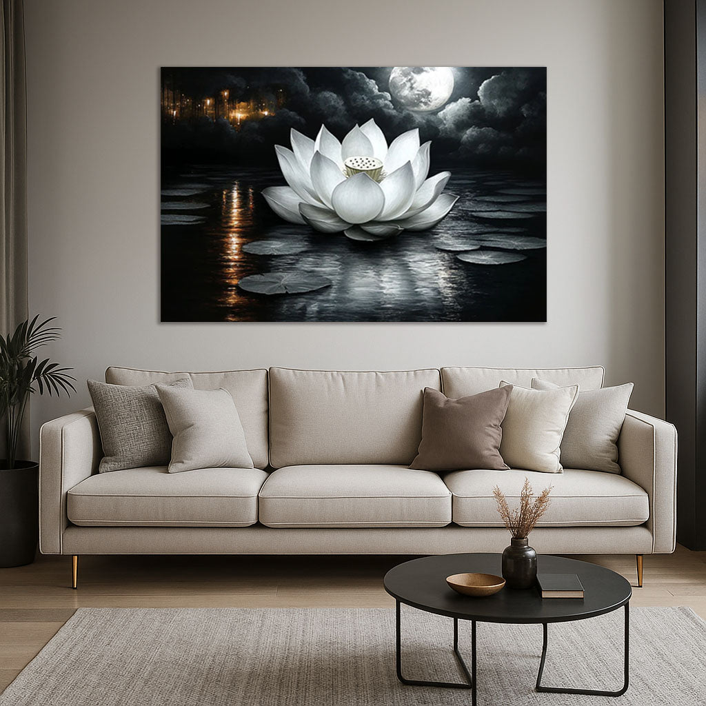 Moonlit Serenity Lotus Canvas Wall Art