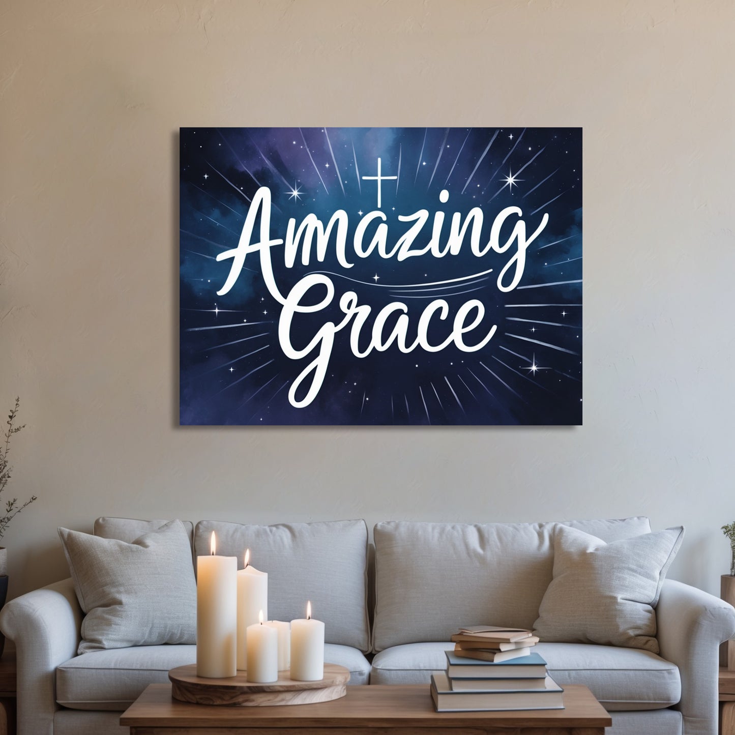 Night of Grace – Christian Wall Art with Starry Sky and Cross Motif