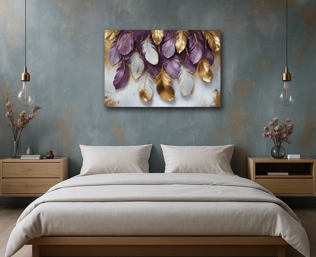 Royal Feather Cascade Canvas Print β Purple & Gold Boho Wall Art with Textured-Look (Flat Canvas)