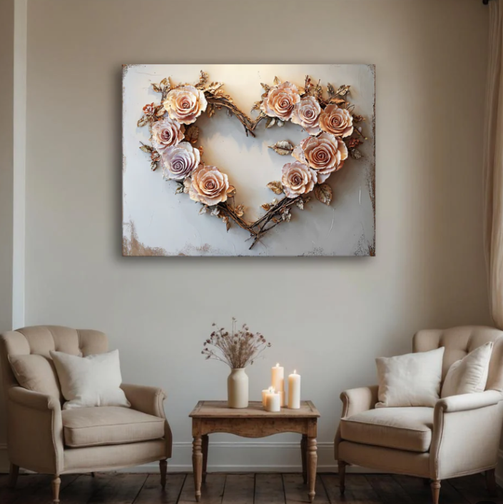 Blush Rose Heart Wall Art –  Romantic Floral Canvas for Bedroom Decor