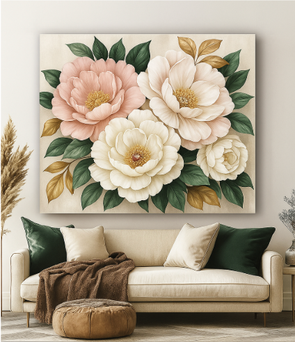 Romantic Flower Wall Art – Oversized Canvas for Bedroom and Living Room Decor