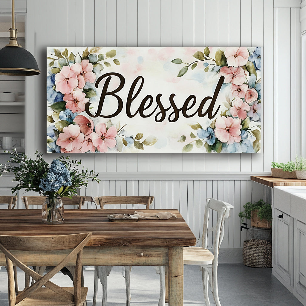 Soft Grace – Pink & Blue Floral “Blessed” Wall Art Canvas