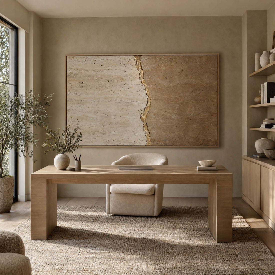 Cream travertine kintsugi canvas on an office wall