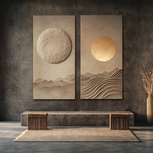 Sun & Moon Serenity – Dual Panel Earthtone Wall Art