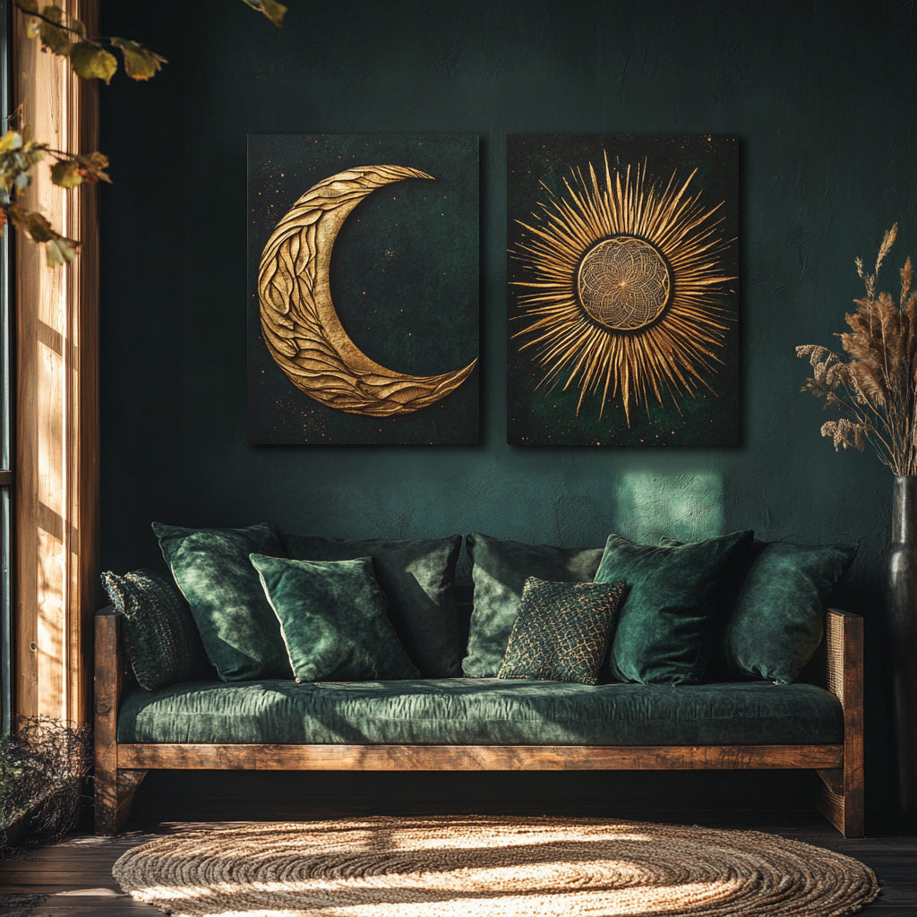 Sun & Crescent Duo – Gold Celestial Wall Art on Deep Emerald