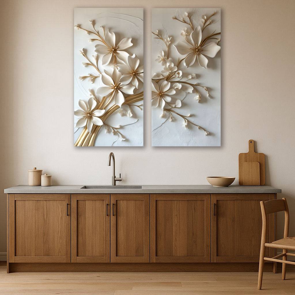 Timeless Bloom – White & Gold Floral Canvas Wall Art for Bedroom & Living Room