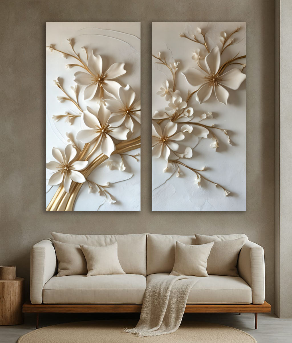 Timeless Bloom – White & Gold Floral Canvas Wall Art for Bedroom & Living Room