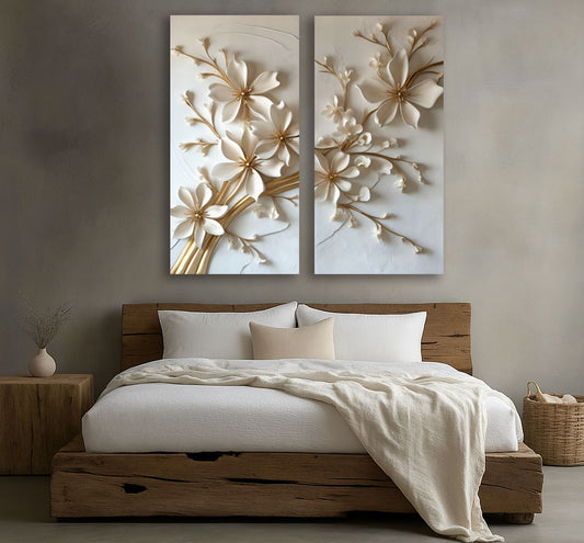 Timeless Bloom – White & Gold Floral Canvas Wall Art for Bedroom & Living Room
