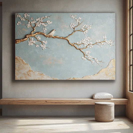 Tranquil Blossom Symphony V3 – Elegant Floral Wall Art with Gold Accents