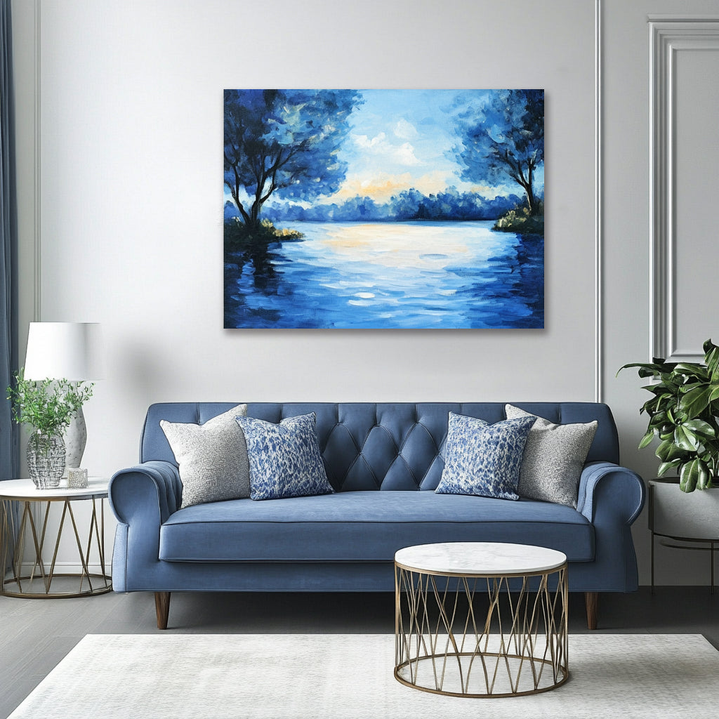 Tranquil Lake Sunset – Blue Nature Canvas Wall Art
