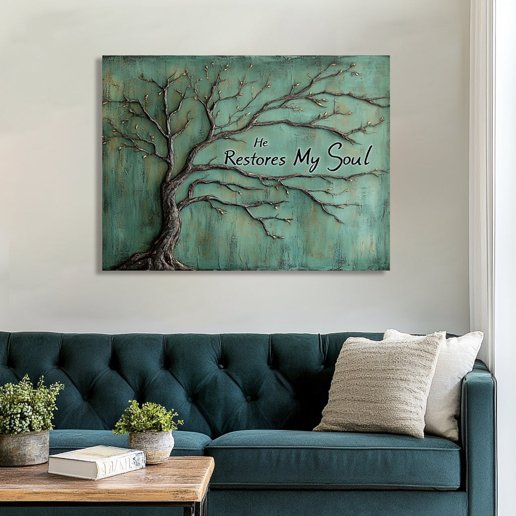 Tree of Renewal – “He Restores My Soul” Christian Wall Art Canvas
