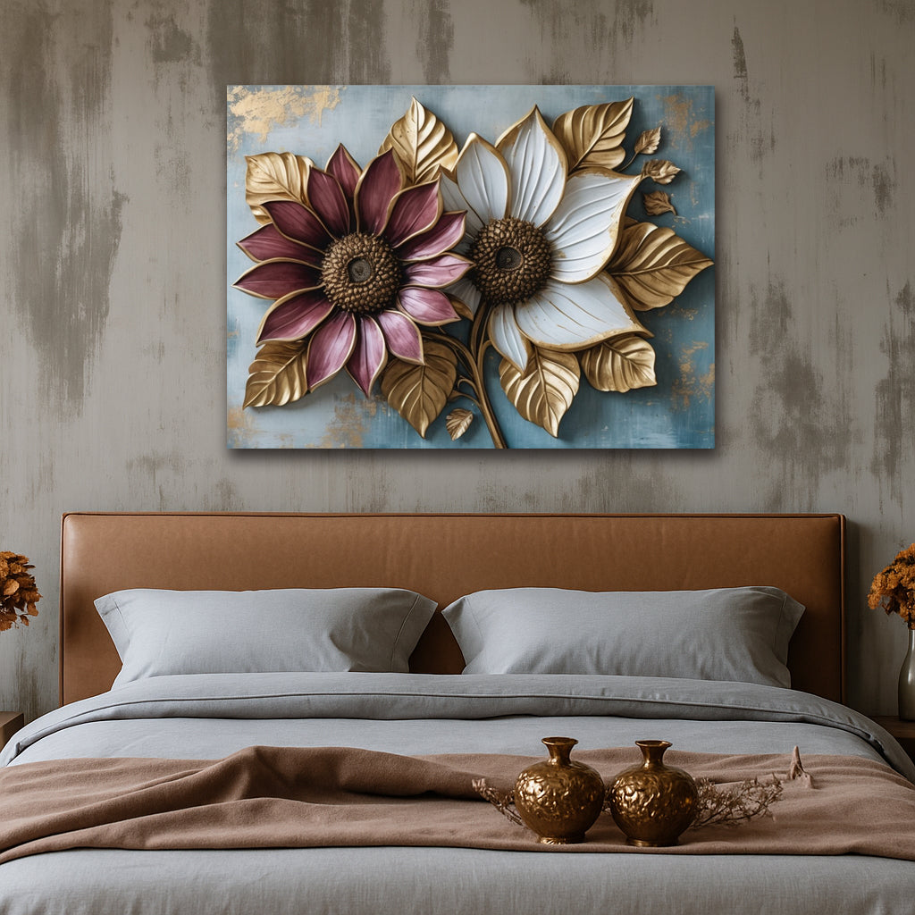Twin Bloom Elegance Canvas Print β Burgundy & White Floral Wall Art with Textured-Look (Flat Canvas)