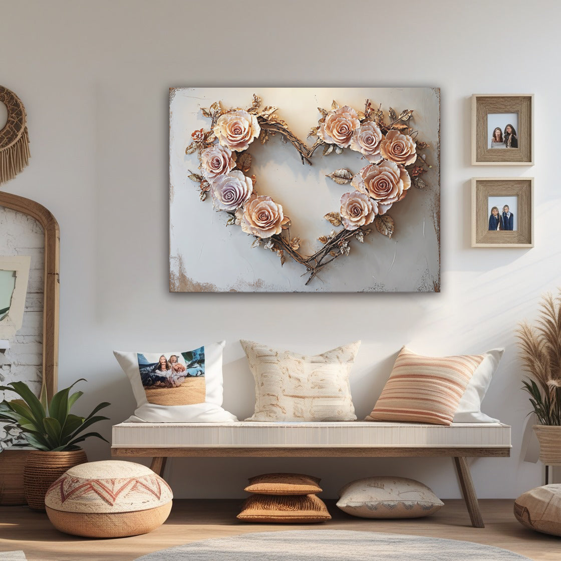 Blush Rose Heart Wall Art –  Romantic Floral Canvas for Bedroom Decor