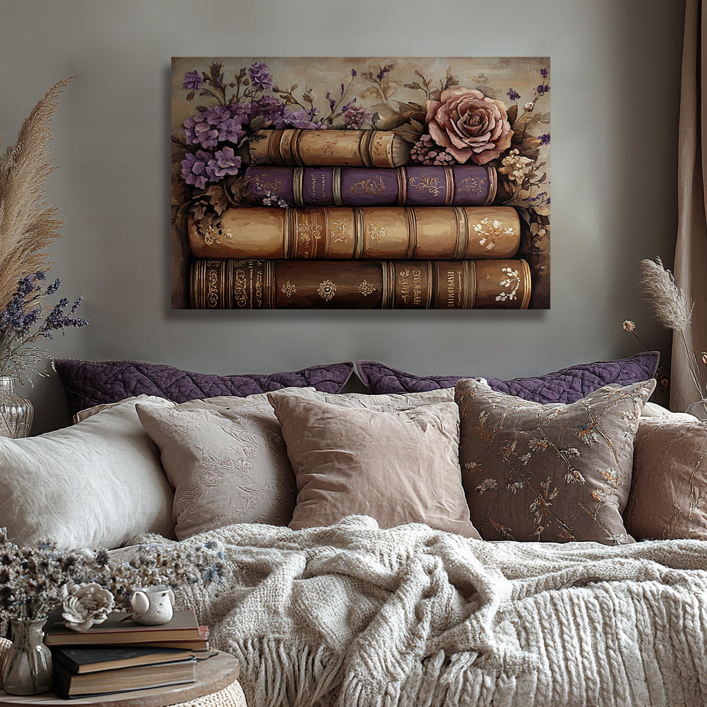 Vintage Books & Blossoms – Romantic Floral Book Stack Wall Art
