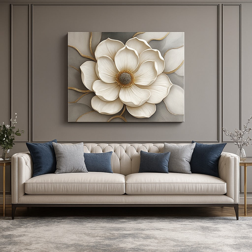 Royal Petal Radiance – Blue & Gold Floral Canvas Wall Art