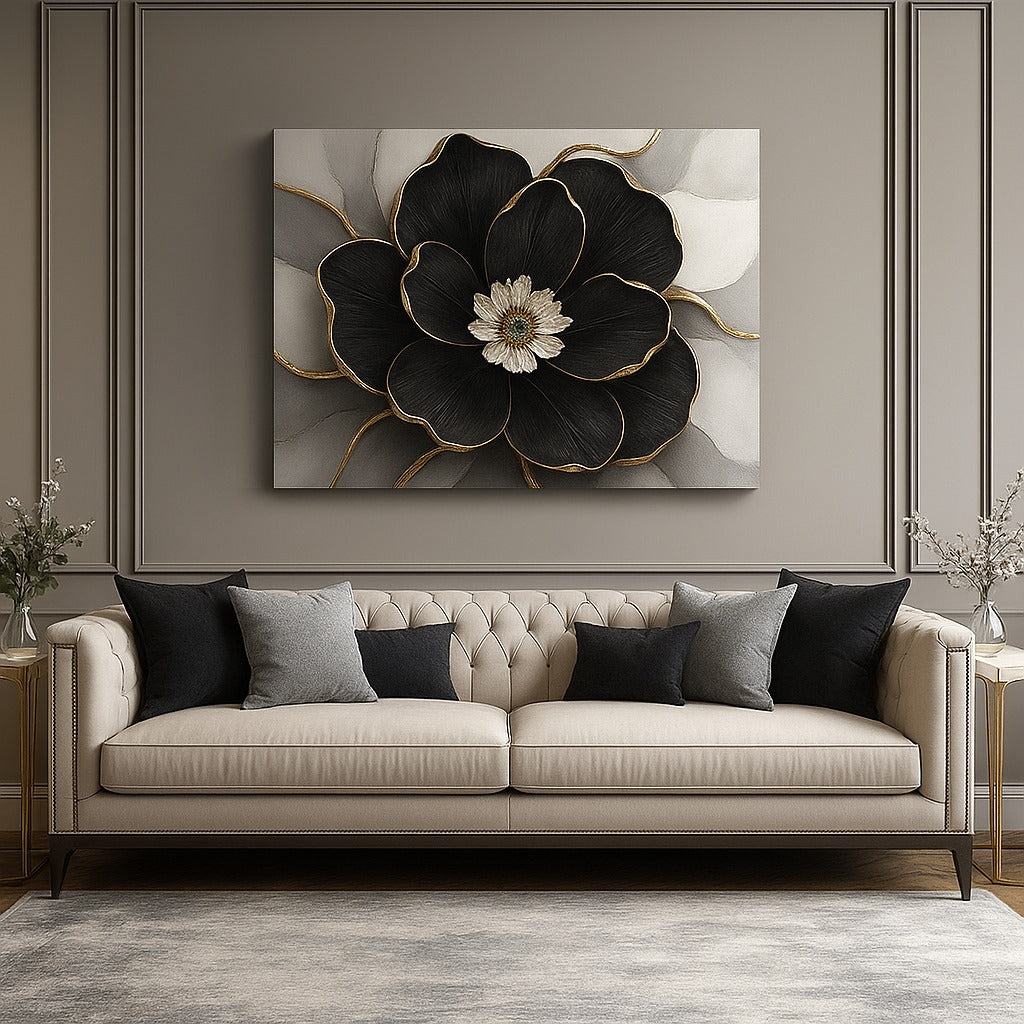 Royal Petal Radiance – Blue & Gold Floral Canvas Wall Art