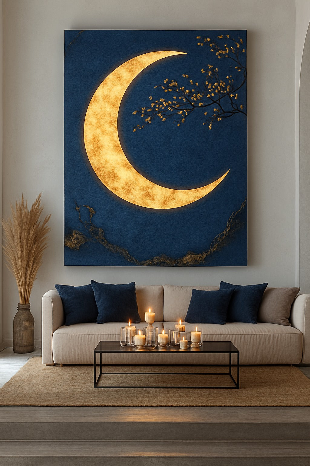 Luxury Crescent Moon Canvas Wall Decor – Illuminated Gold and Grey Artwork