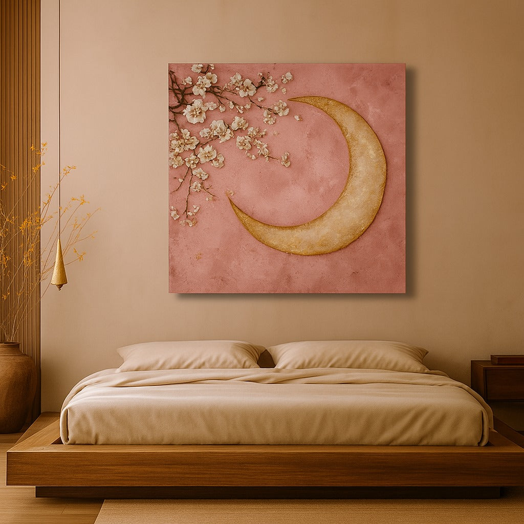 Crescent Moon Wall Art – Elegant Floral Canvas for Bedroom and Living Room Decor