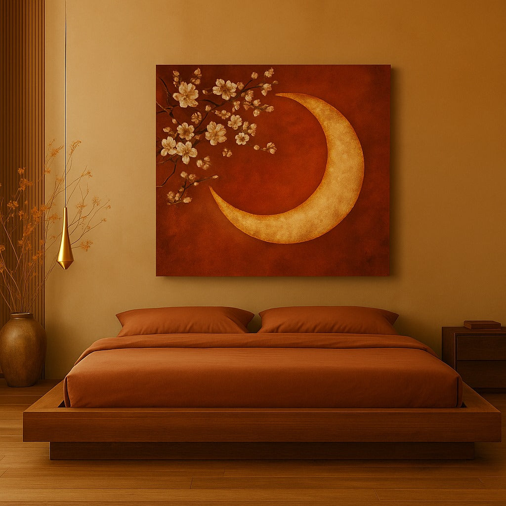 Crescent Moon Wall Art – Elegant Floral Canvas for Bedroom and Living Room Decor
