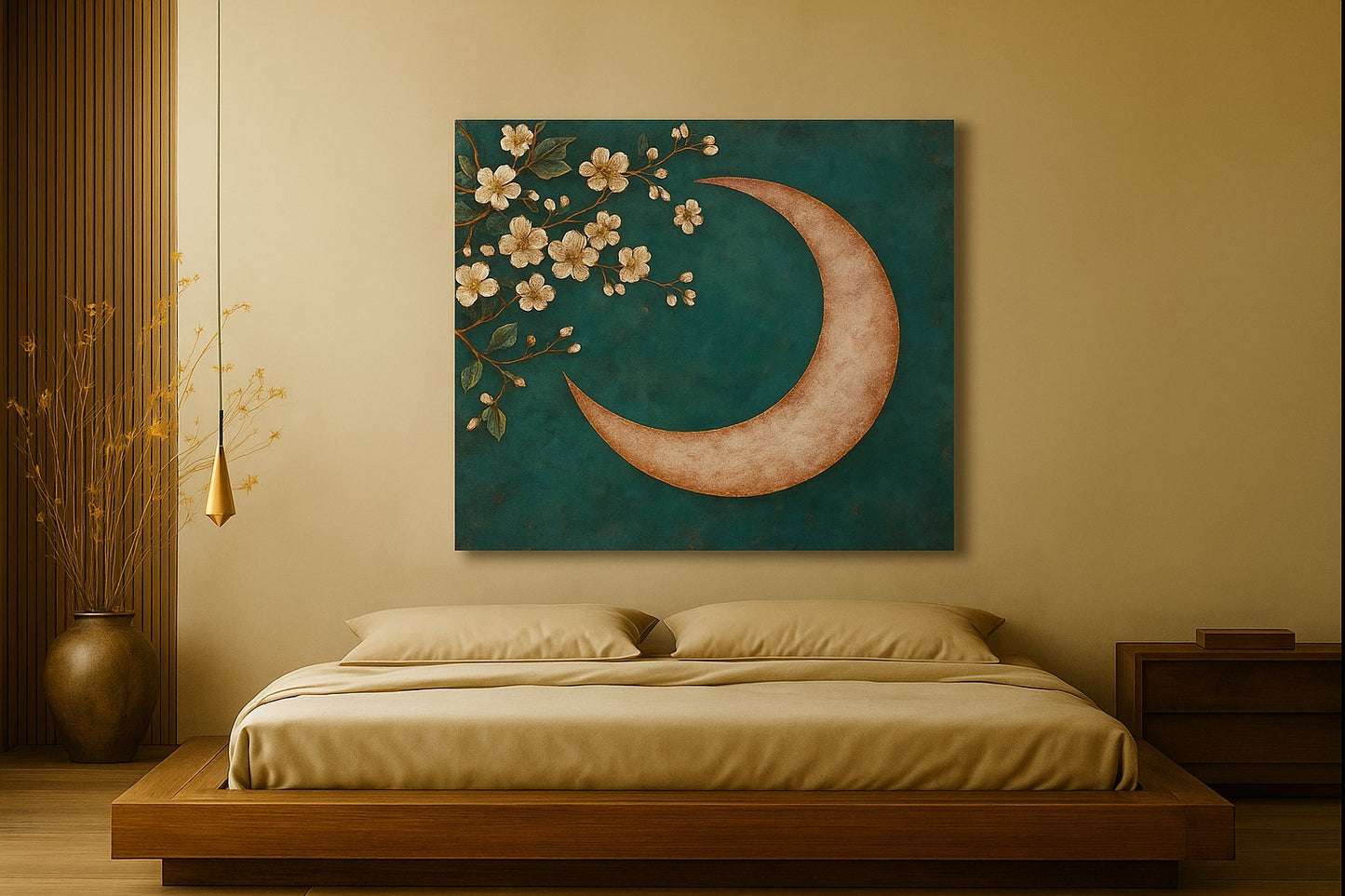 Crescent Moon Wall Art – Elegant Floral Canvas for Bedroom and Living Room Decor