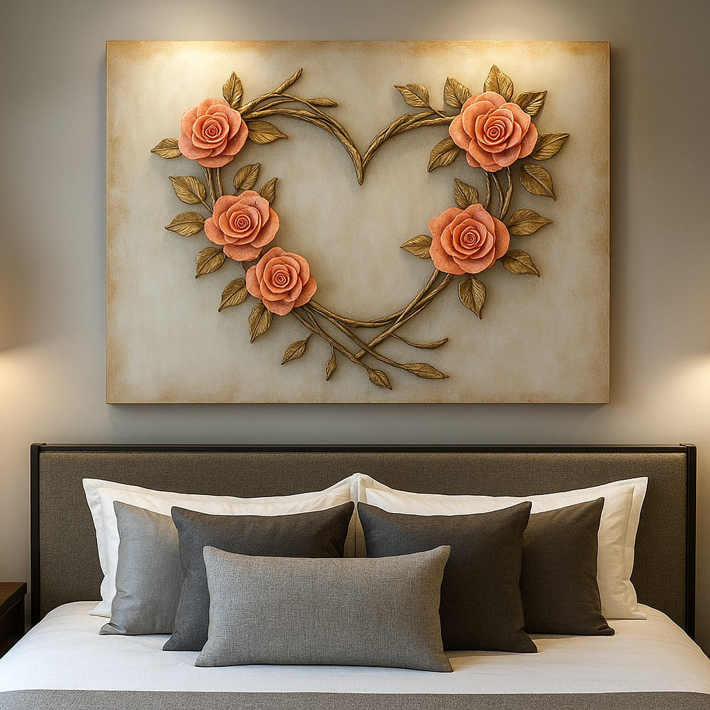 Romantic Rose Heart Wall Art – Elegant Floral Canvas for Bedroom Decor