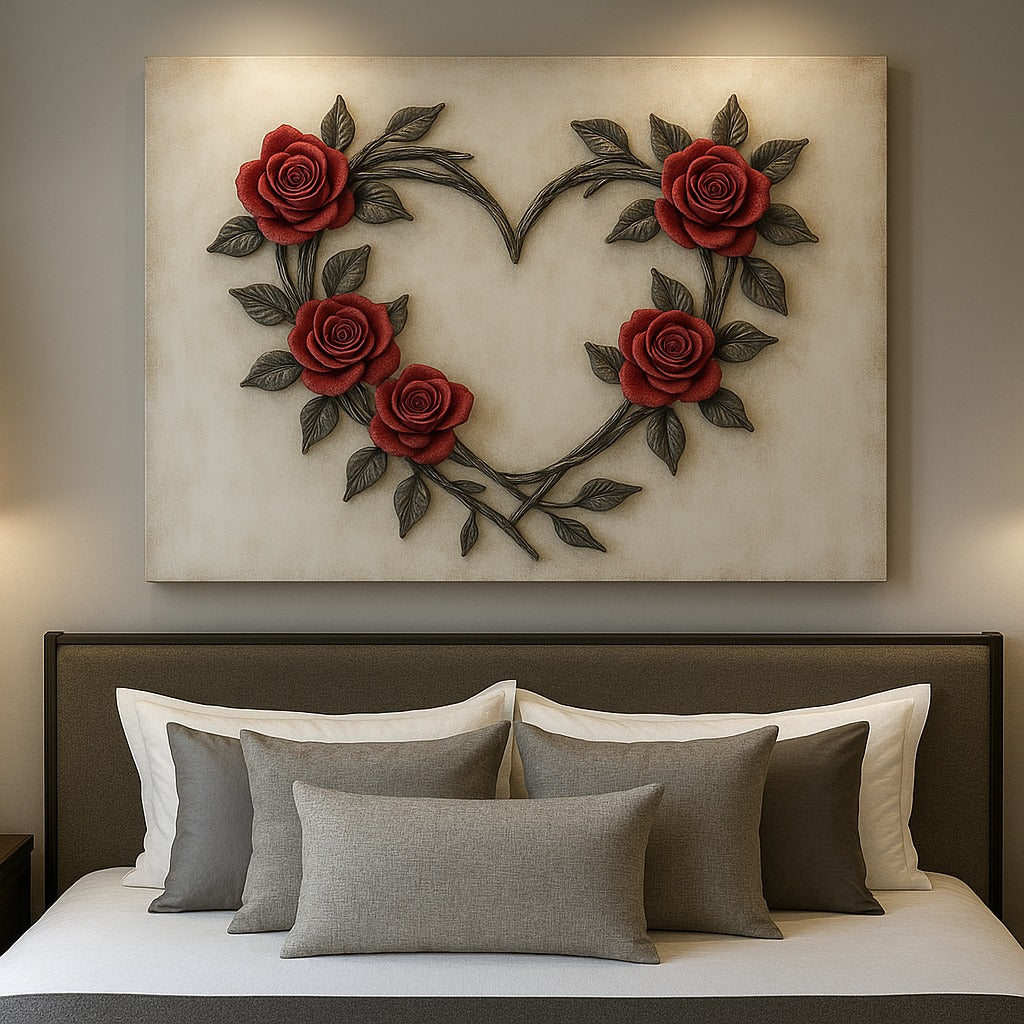 Romantic Rose Heart Wall Art – Elegant Floral Canvas for Bedroom Decor