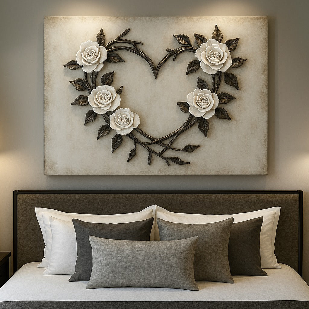 Romantic Rose Heart Wall Art – Elegant Floral Canvas for Bedroom Decor