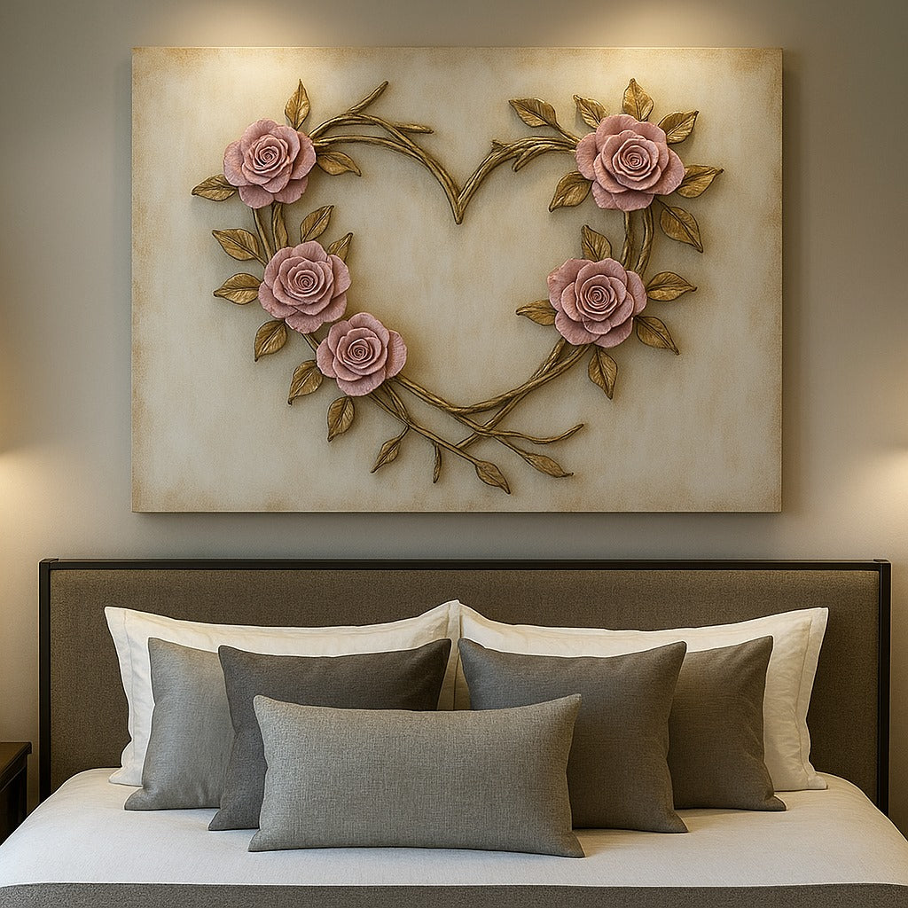 Romantic Rose Heart Wall Art – Elegant Floral Canvas for Bedroom Decor