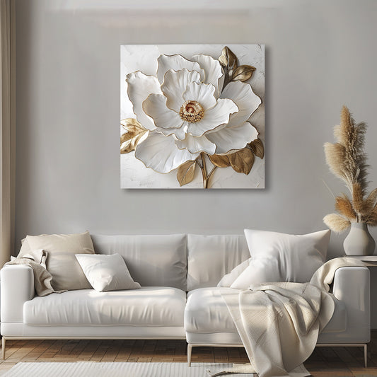 White Gold Bloom Wall Art – Elegant Floral Canvas for Luxe Living Room Deco