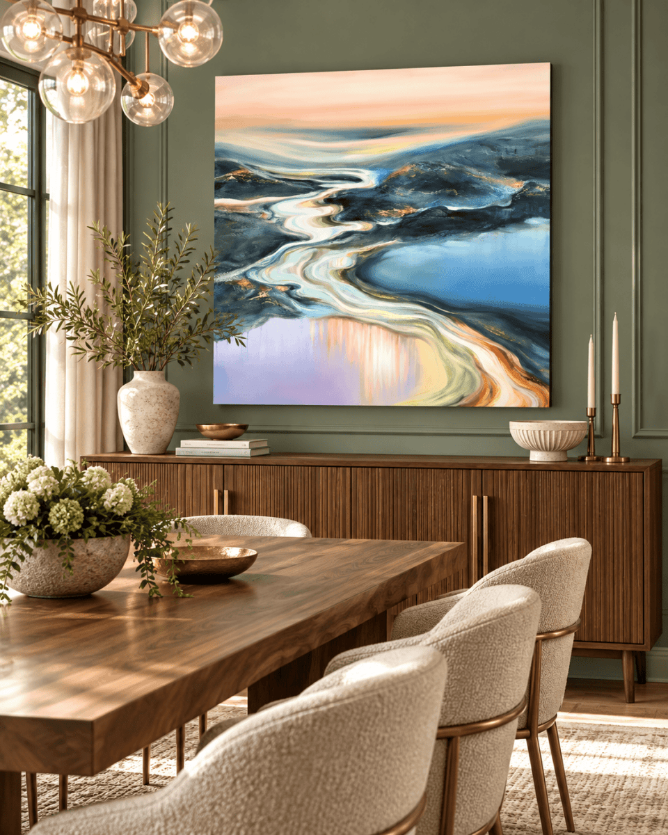 Abstract River Wall Art – Oversized Blue and Gold Sunset Textured Look Canvas for Living Room - Sense for Decor