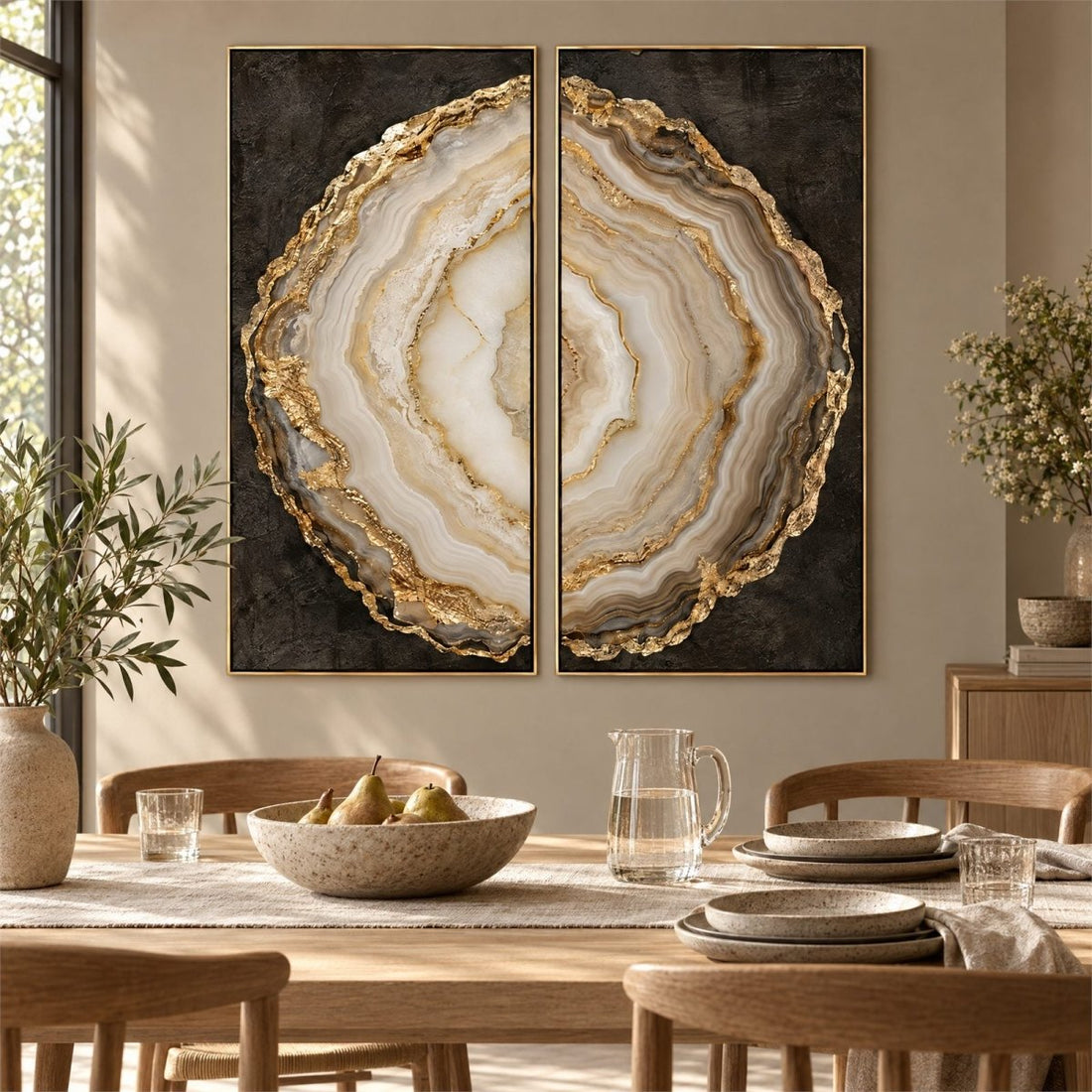 Agate Wall Art – Oversized 2 Piece Geode Slice Set in Cream, Grey and Gold for Living Room - Sense for Decor