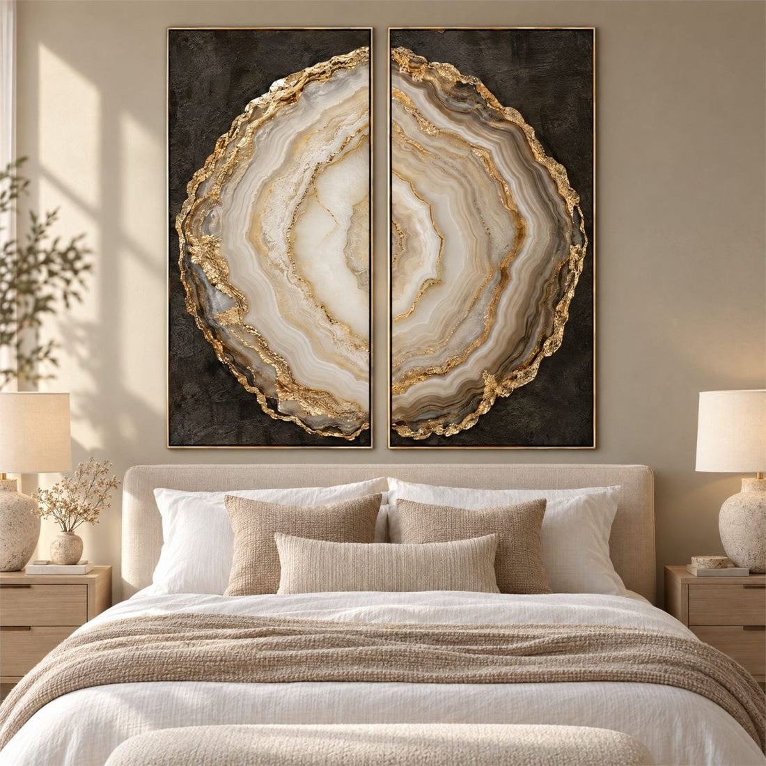 Agate Wall Art – Oversized 2 Piece Geode Slice Set in Cream, Grey and Gold for Living Room - Sense for Decor